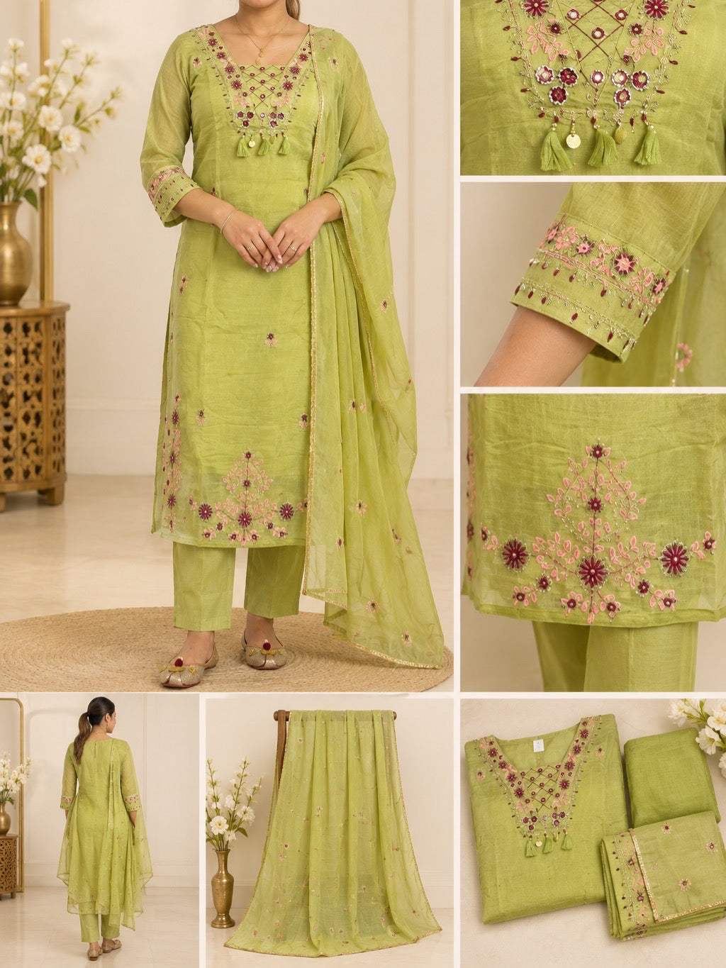 Elegant Lime Green Embroidered Suit