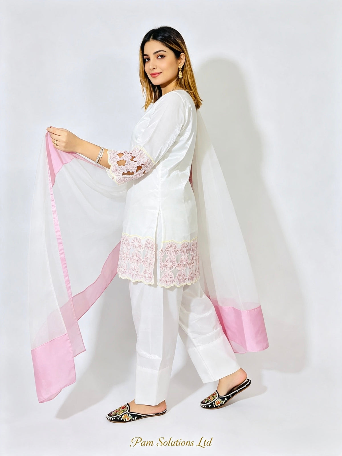Elegant White & Pink Embroidered Suit