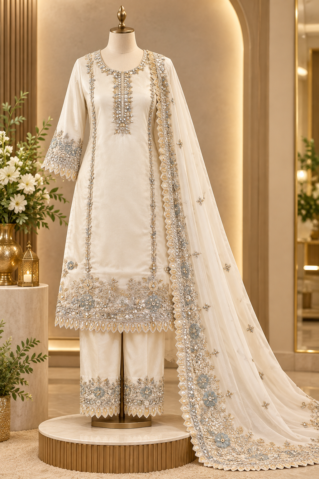 ✨ Ivory Gold Embroidered Luxury Suit