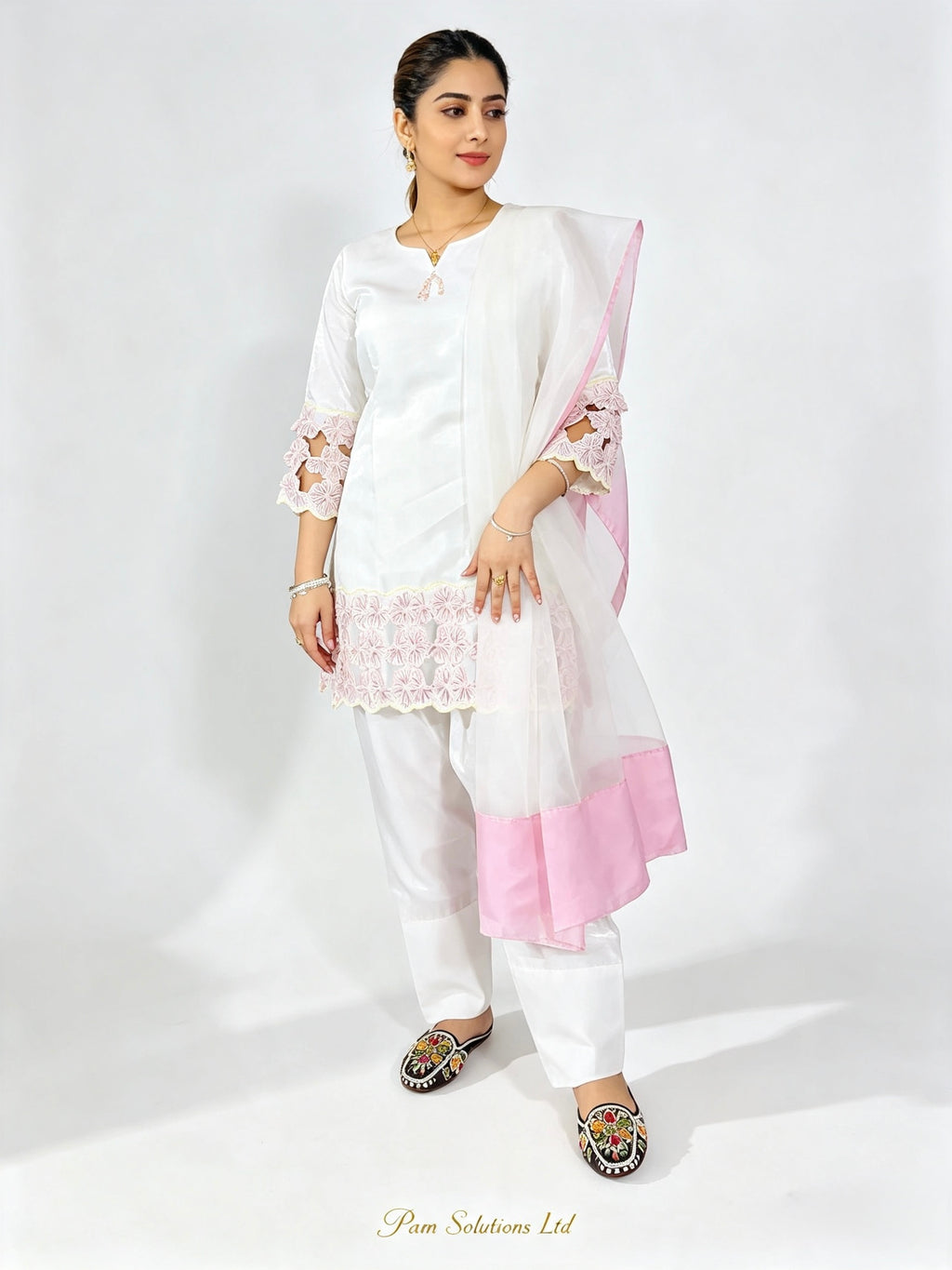 Elegant White & Pink Embroidered Suit