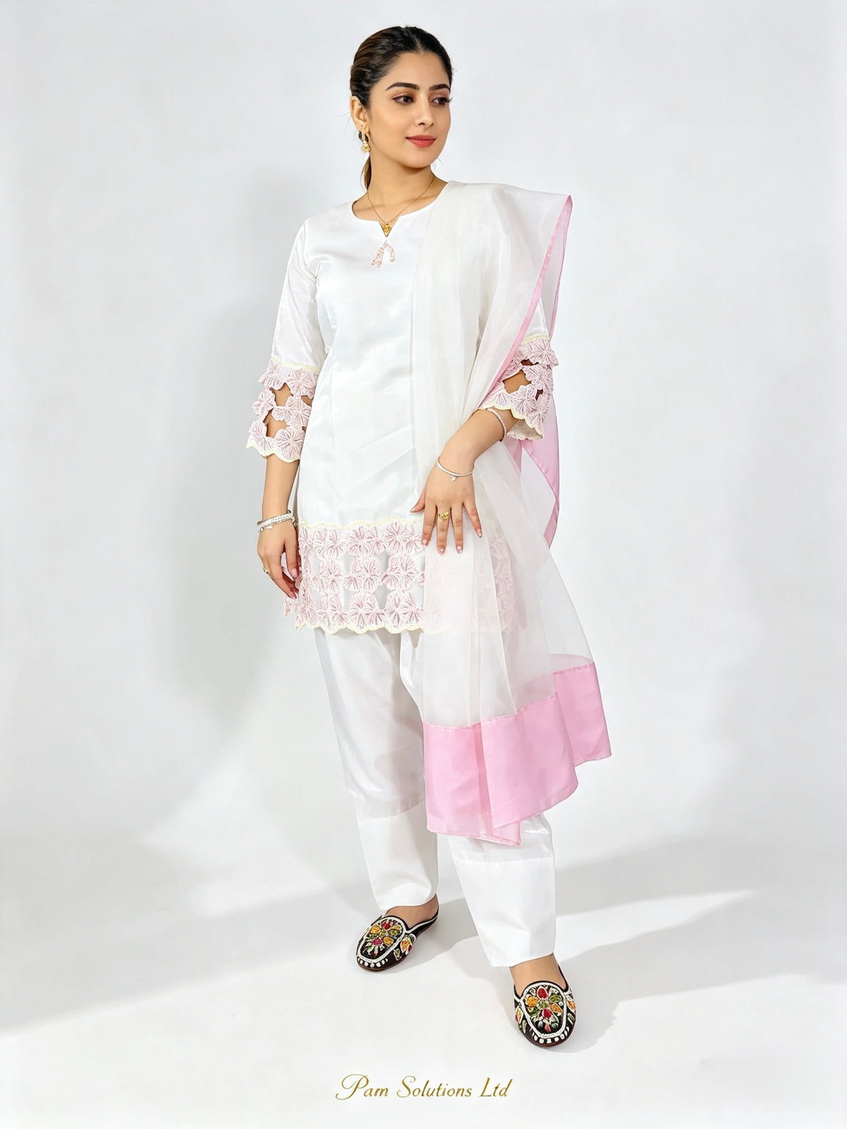 Elegant White & Pink Embroidered Suit