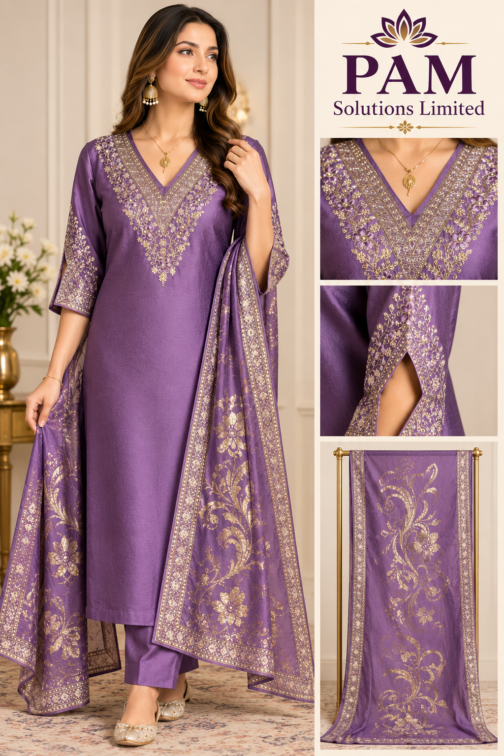 💜 Elegant Purple Embroidered Suit Set
