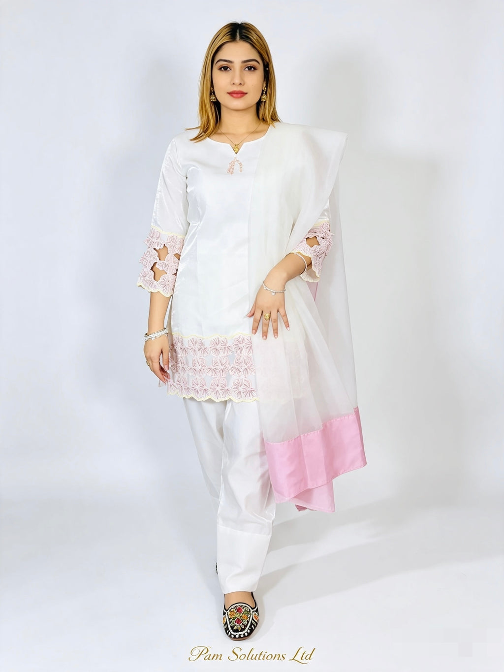 Elegant White & Pink Embroidered Suit
