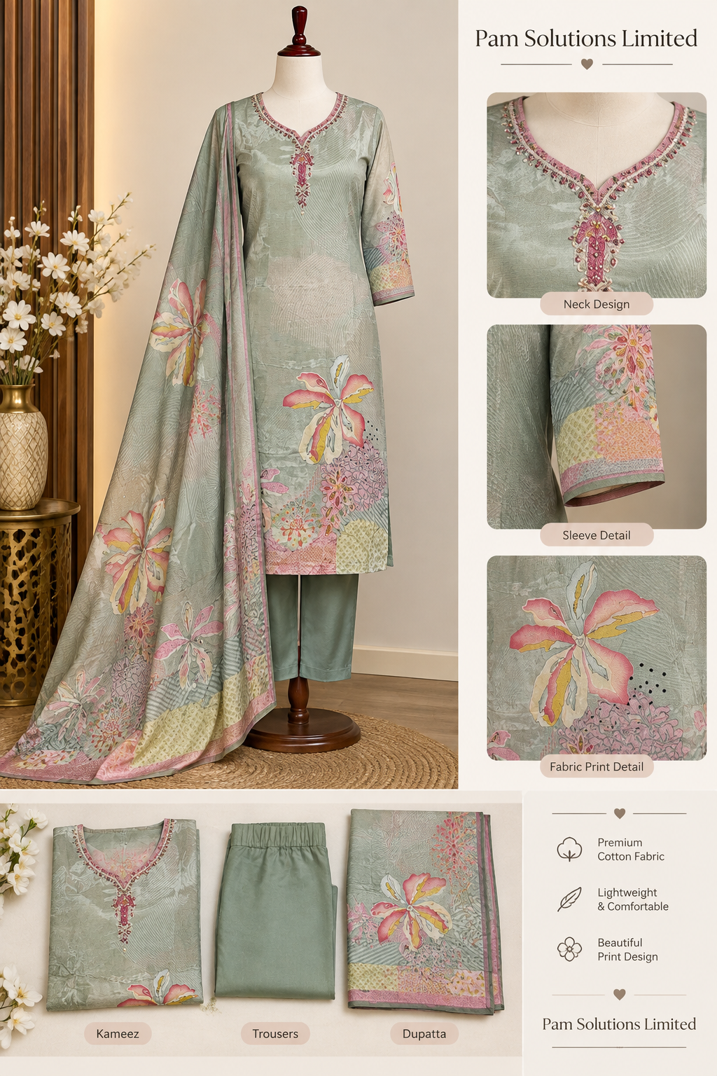 🌸 Sage Green Floral Printed Suit