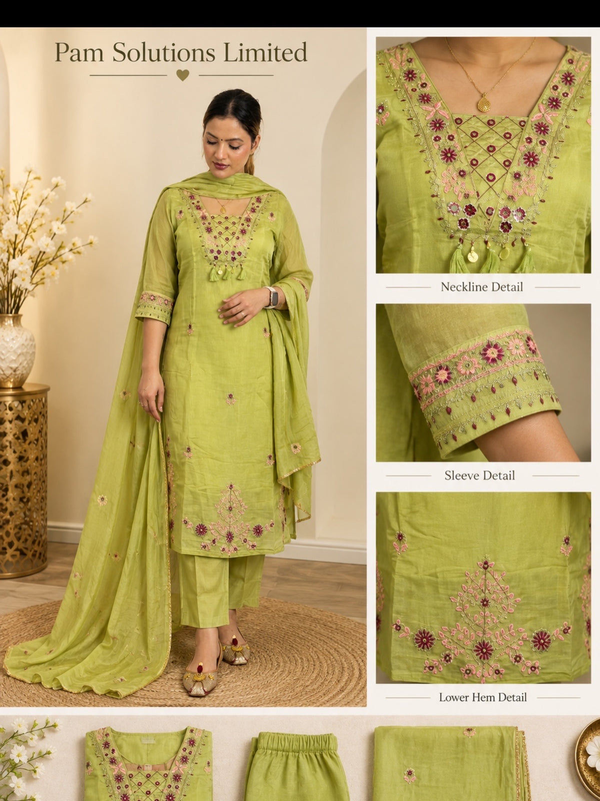 Elegant Lime Green Embroidered Suit