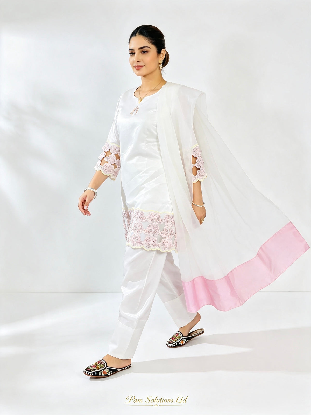 Elegant White & Pink Embroidered Suit