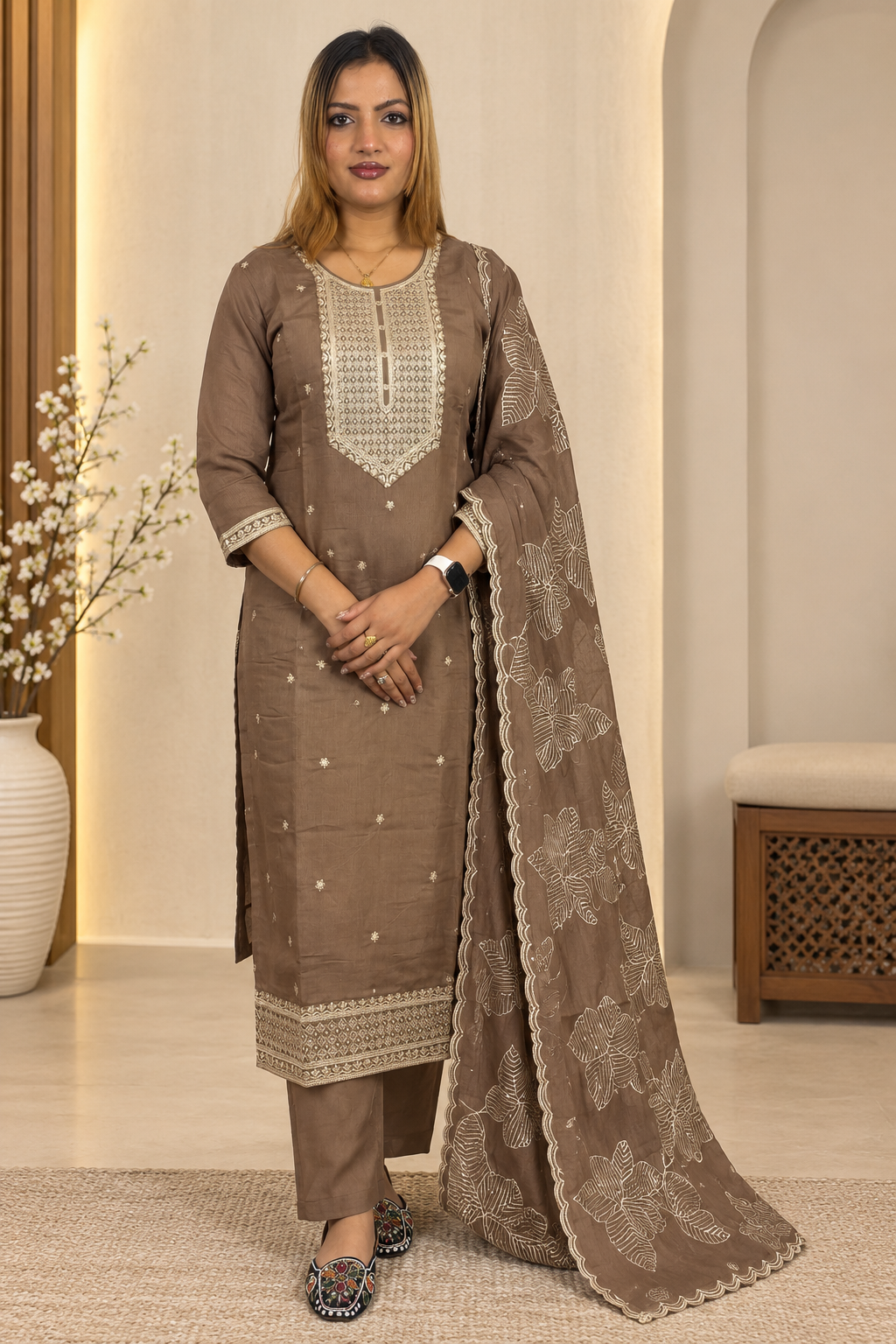 🤎 Mocha Brown Embroidered Punjabi Suit