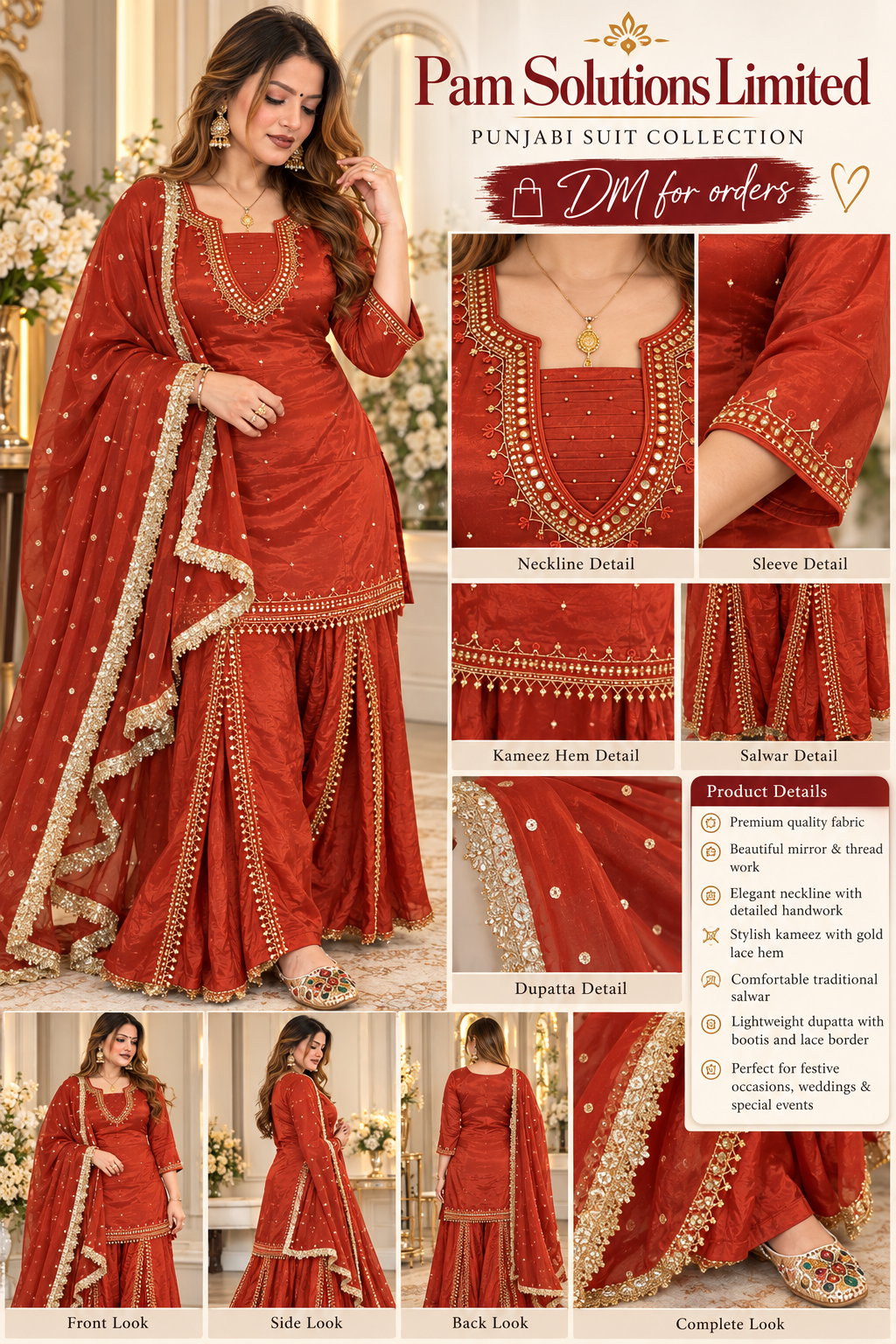 Elegant Rust-Red Punjabi Suit with Gold Embellishments