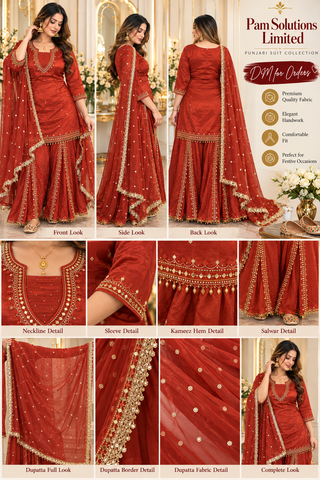 Elegant Rust-Red Punjabi Suit with Gold Embellishments