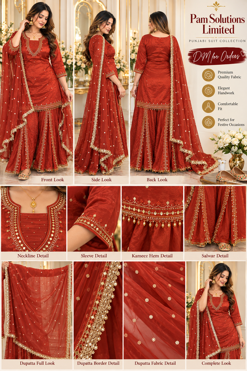 Elegant Rust-Red Punjabi Suit with Gold Embellishments